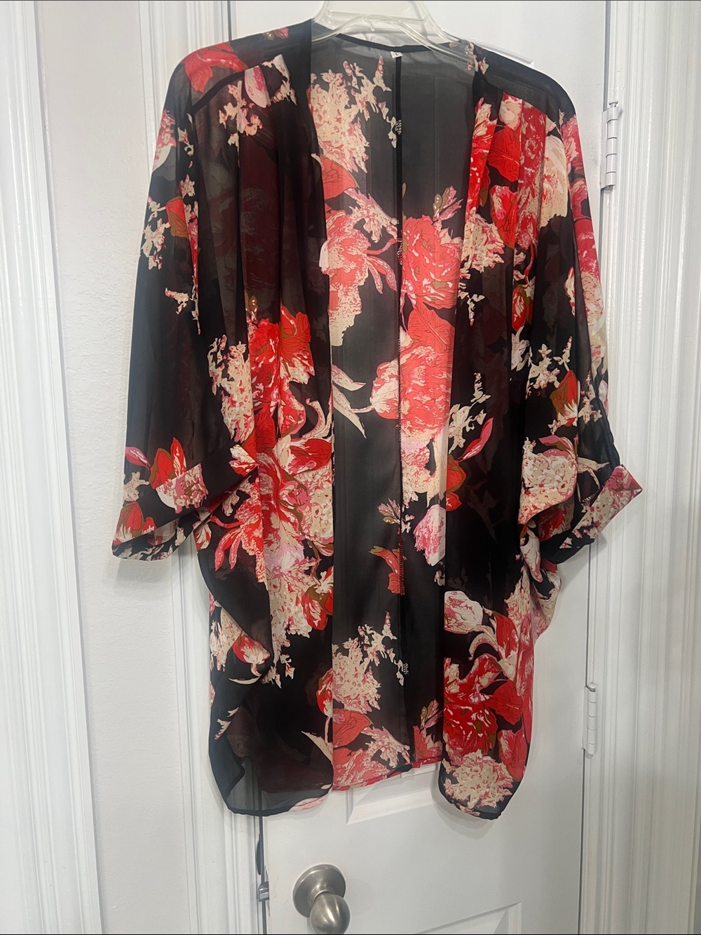 Floral Sheer Over sized Kimono Cardigan - Black with Red & Pink Bloom